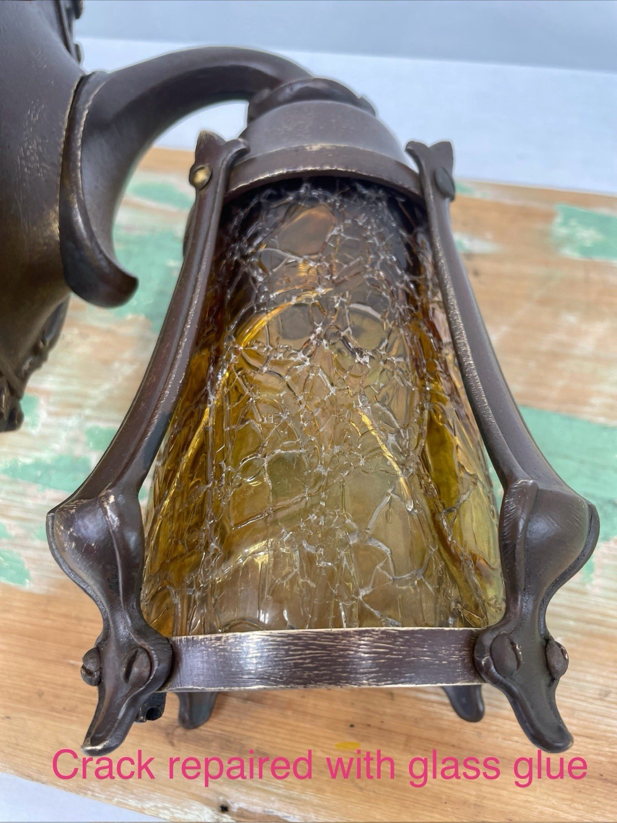 RESTORED Pair Antique Vtg Tudor Arts Crafts Wall Sconces Amber Glass Porch Light