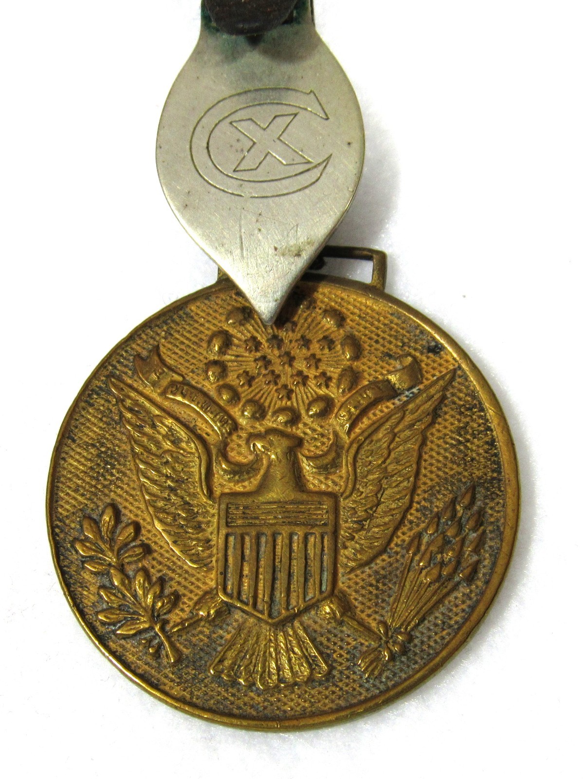 WWI US ARMY BRASS EAGLE WATCH FOB W/ LEATHER STRAP