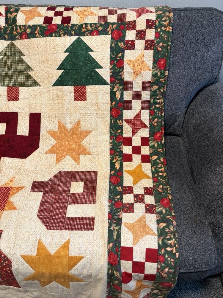 Handmade Christmas Patchwork Quilt Large Wall Hanging Throw 51"x 72" Primitive