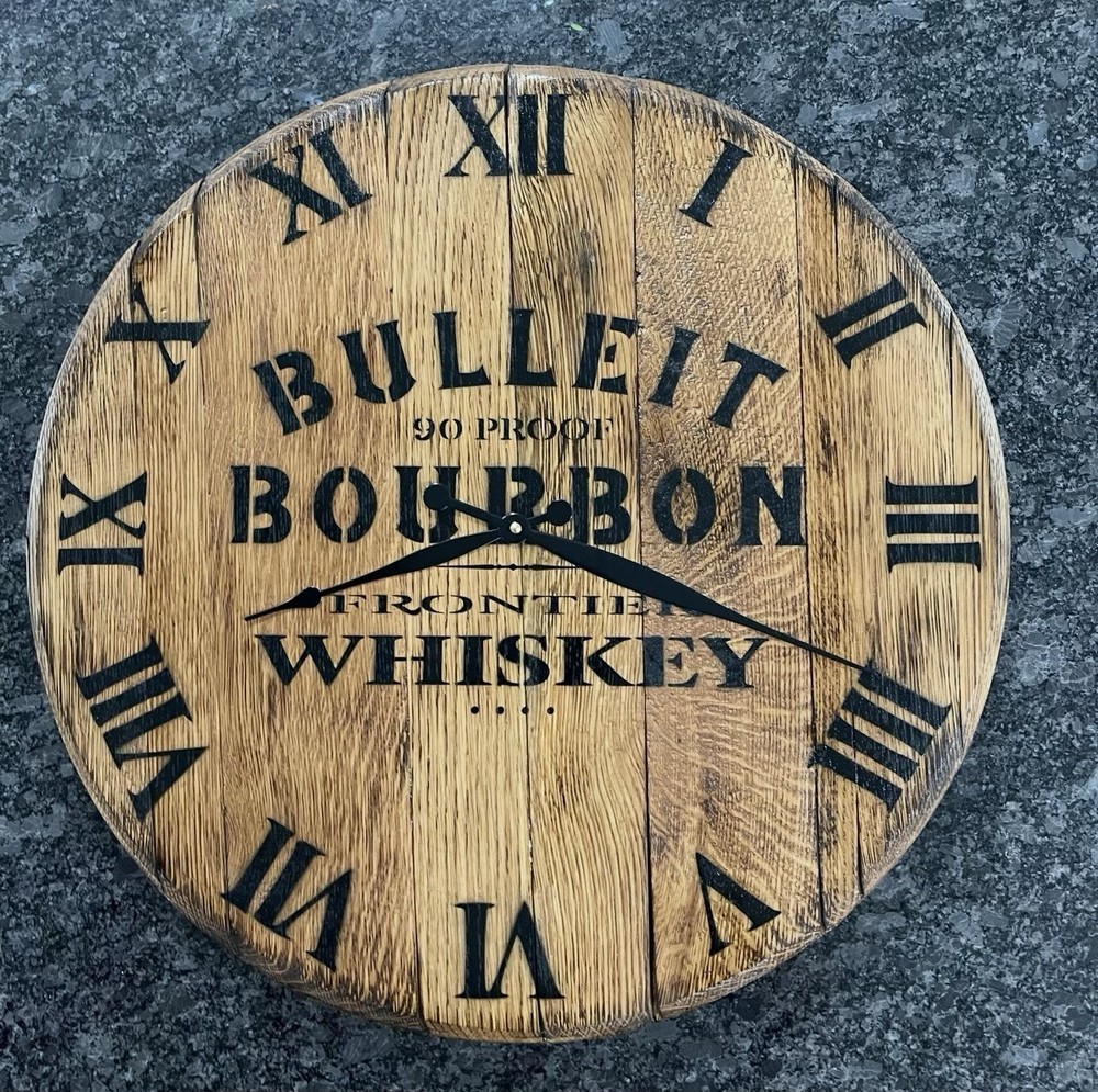 Authentic Bulleit Bourbon Barrel Head Clock 21.5” Dia.
