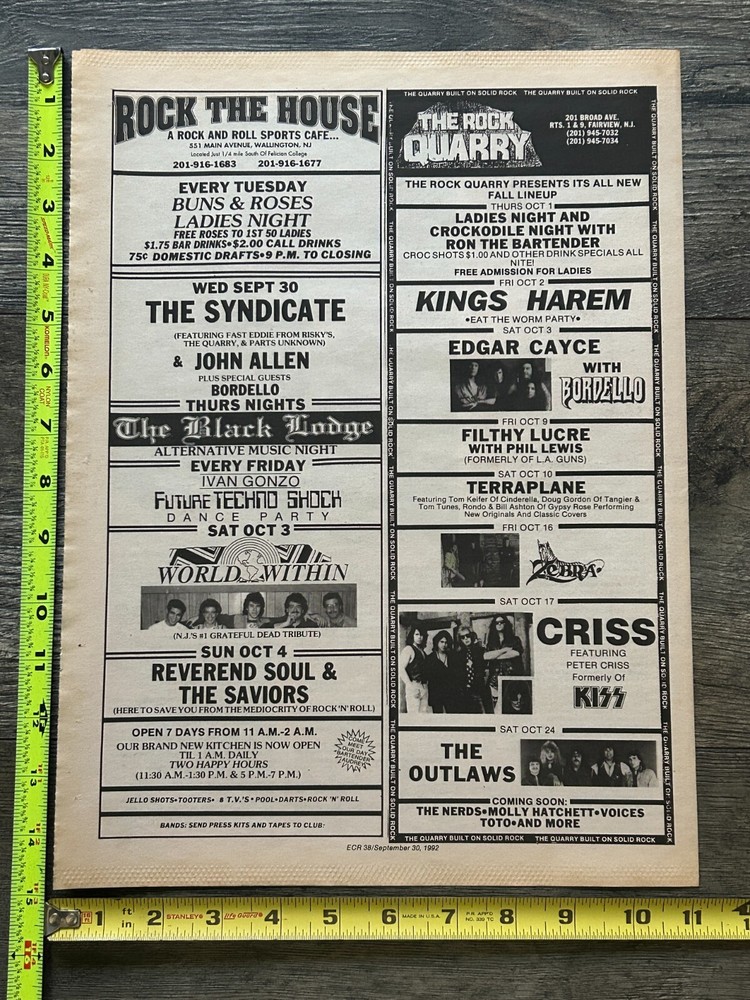 KISS Concert Ad Advert PETER CRISS Oct 17 1992 The Rock Quarry NJ Vintage Kiss A