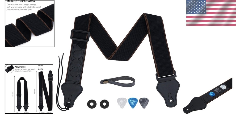 Comfortable Cotton Guitar Strap - 36-62” Adjustable with Pick Holders & Locks