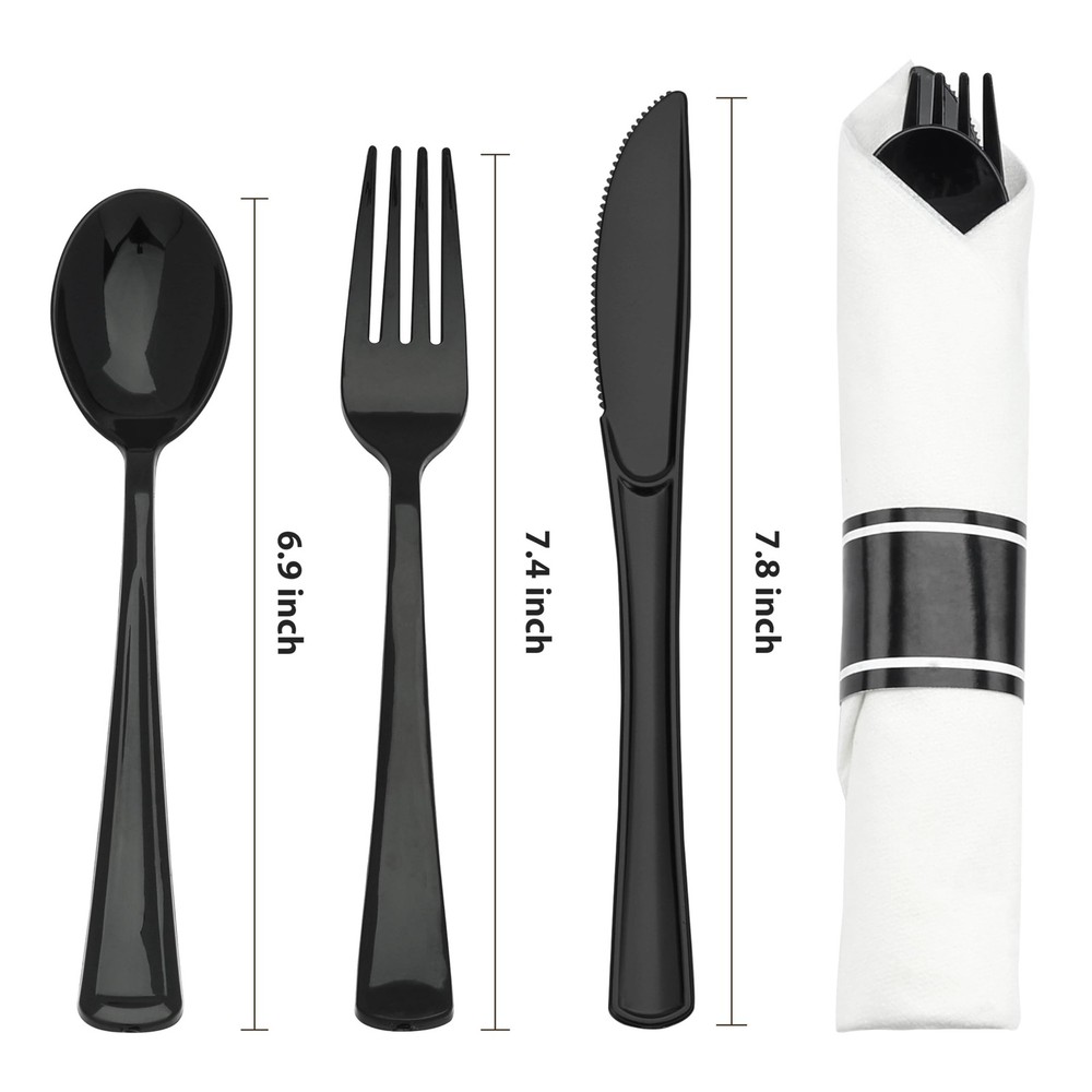 Goodluck 50 Set Black Pre Rolled Plastic Cutlery Set, Wrapped Silverware Set ...