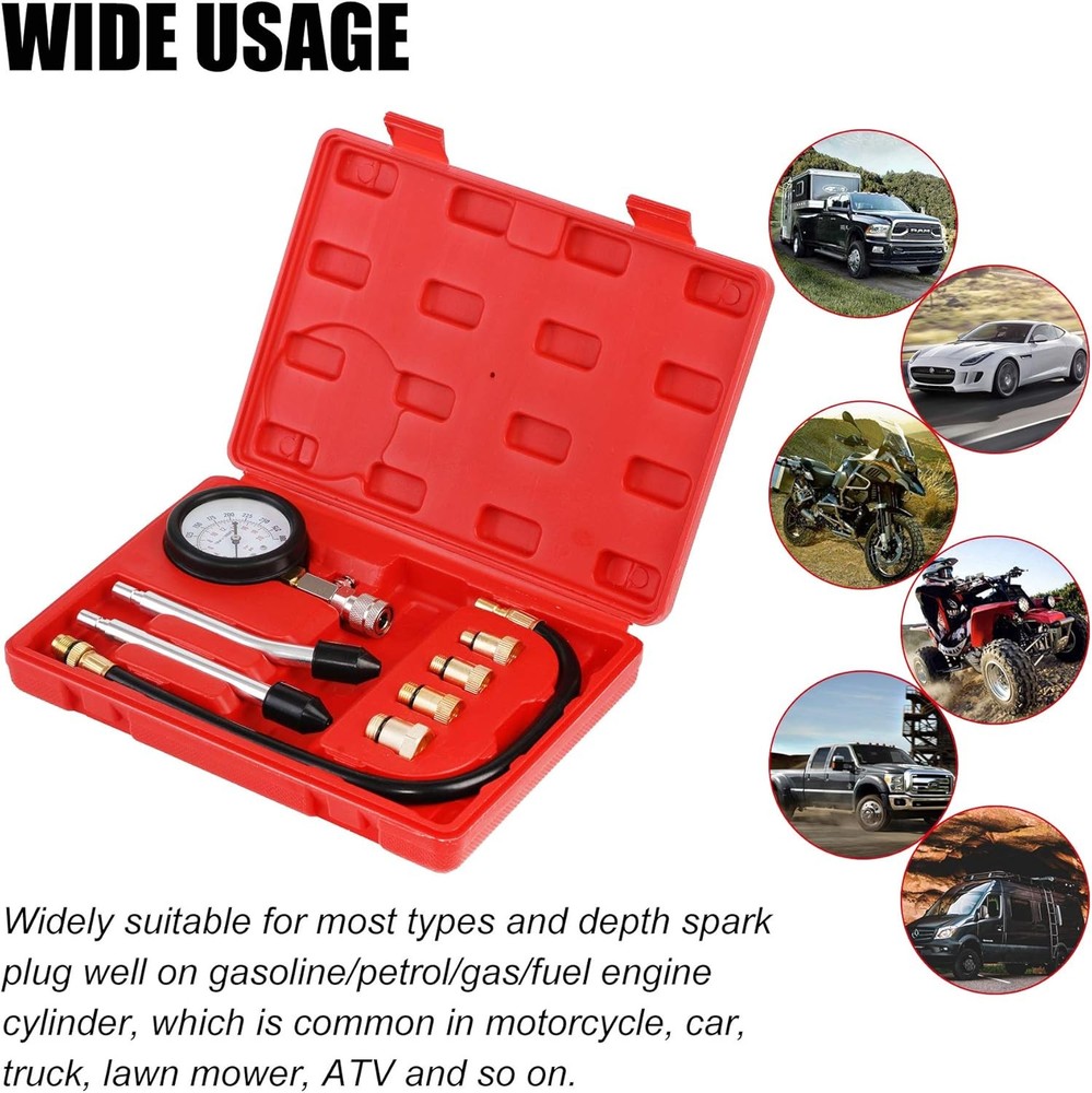 Compression Tester Kit, Small Engine Cylinder Test Pressure Gauge Red Case