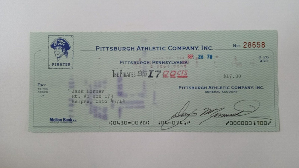 Jack Horner: 1978 Pittsburgh Pirates Expense Check
