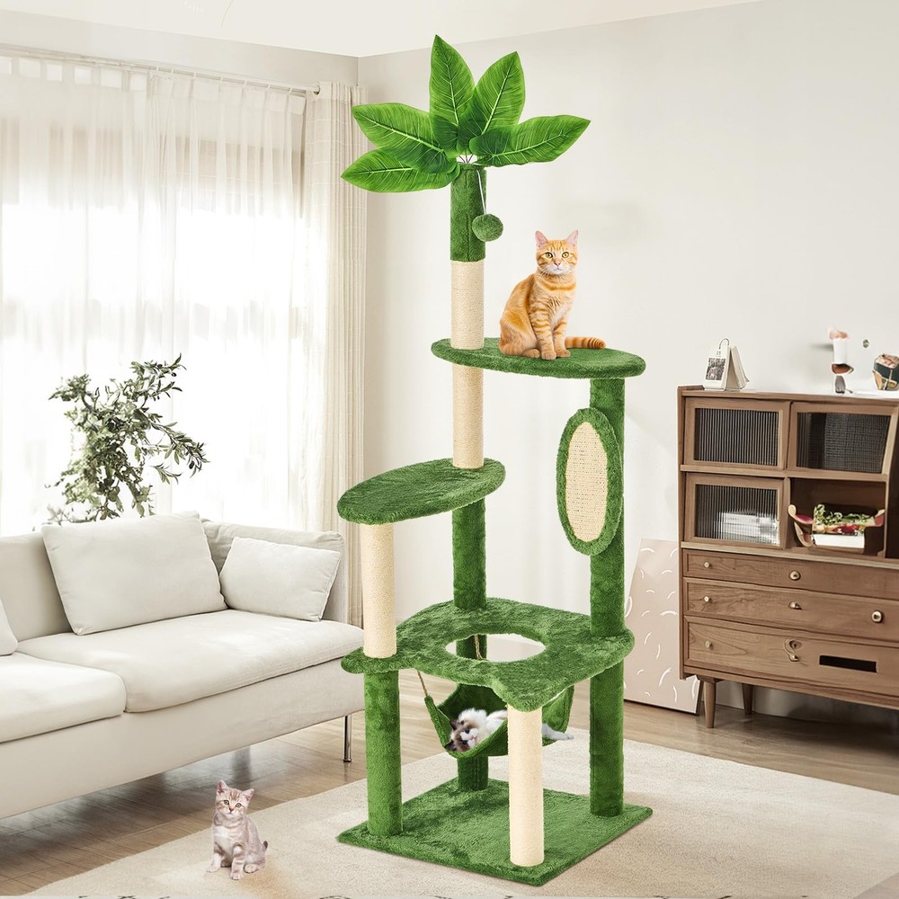 TSCOMON 61" Cat Tree for with Green Leaves, Multi-Level Large 55",