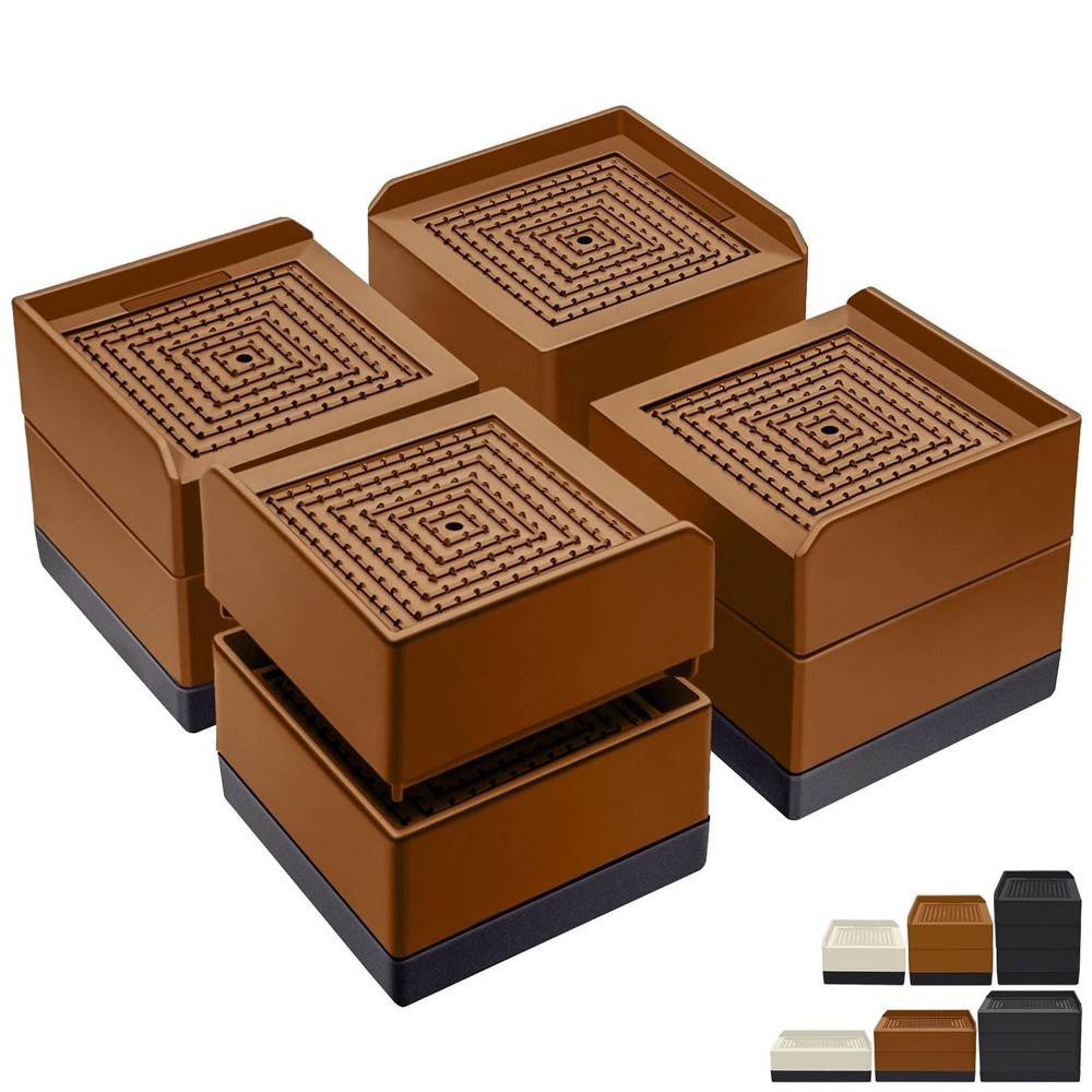 4 Pack Brown Square Adjustable Risers, 1.5 or 3 Inch, 1,300 Lbs, Bed Sofa