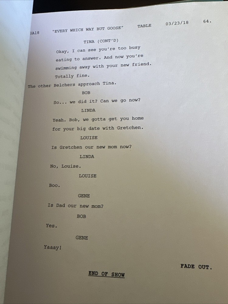 ORIGINAL 2018 Bob’s Burgers Table Read Script Fox Every Which Way But Goose