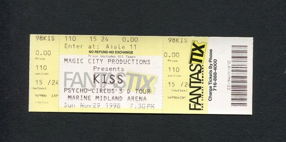 Original Kiss 1998 Unused full concert ticket Buffalo, NY, Psycho Circus Tour