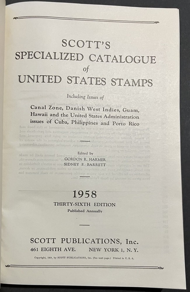 Scott's Specialized U.S. United States Stamp Catalogue 1958 Collecting Guidebook