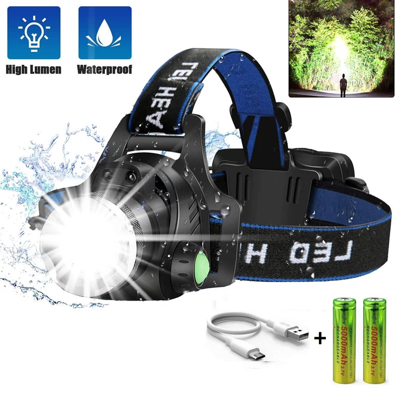 LED Headlamp USB Rechargeable Headlight Head Torch  Outdoor Waterproof 25000LM
