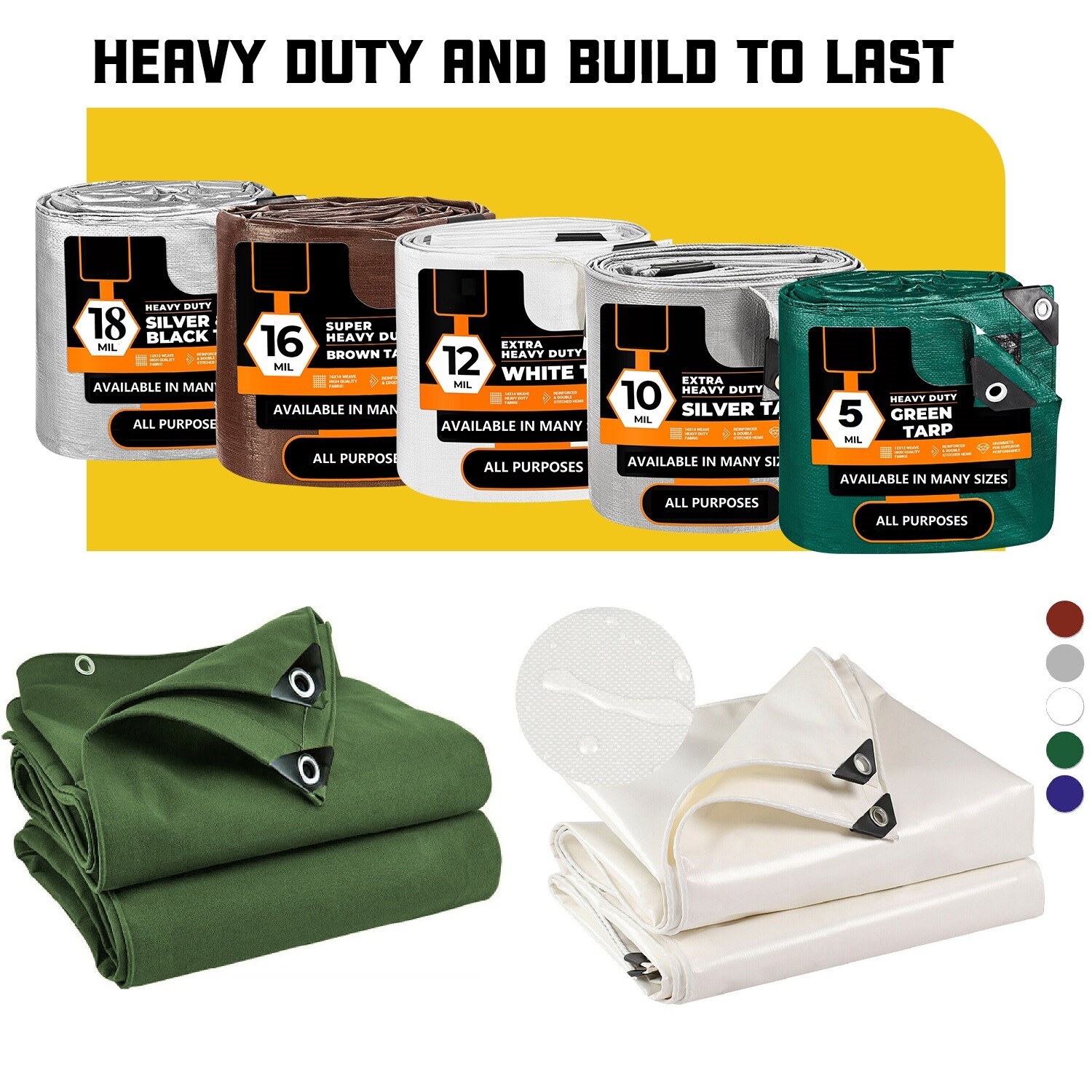 Heavy Duty Poly Tarp 16/18/20 Mil Waterproof Tarpaulin Cover (Over 150 Choices)