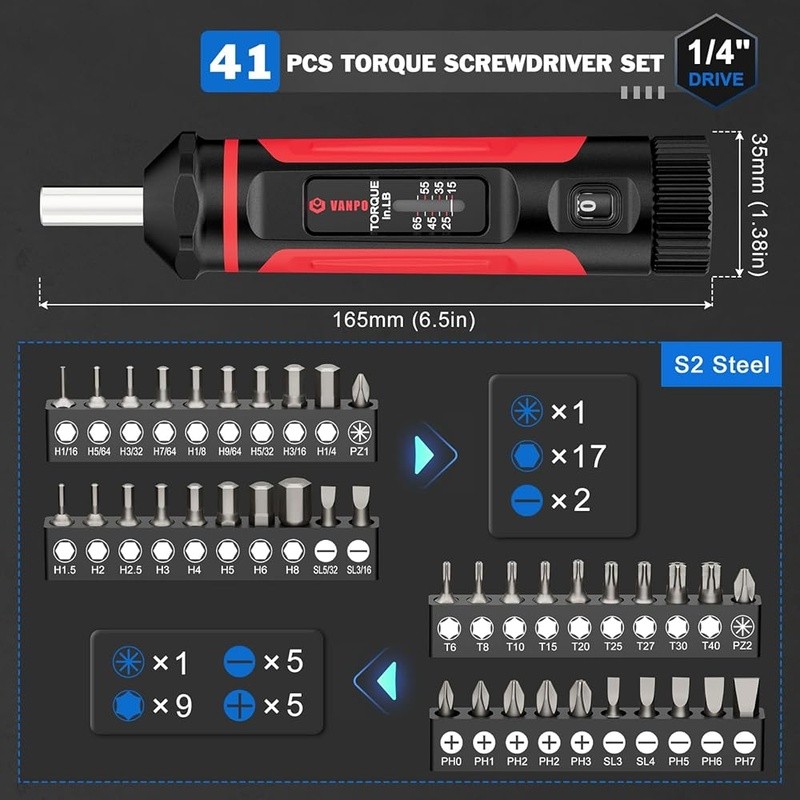 41PCS Torque Screwdriver Set Precision 1/4" Drive Durable S2 Bits Storage Case