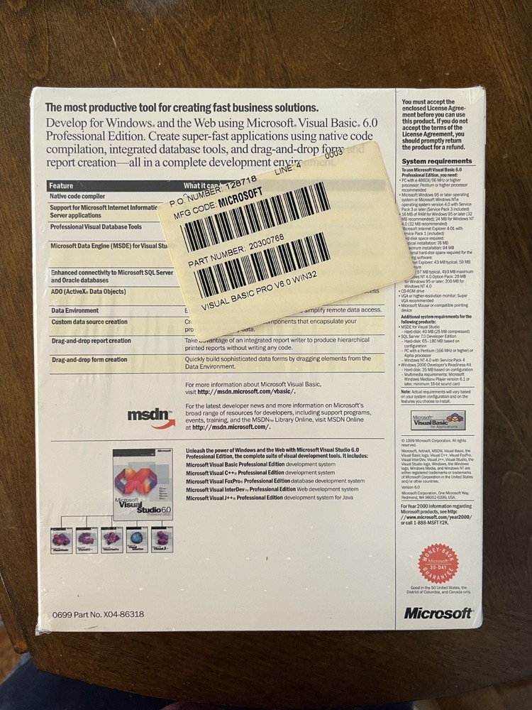 NEW SEALED Microsoft Visual Basic 6.0 Professional Pro 6 203-00768 RETAIL BOX