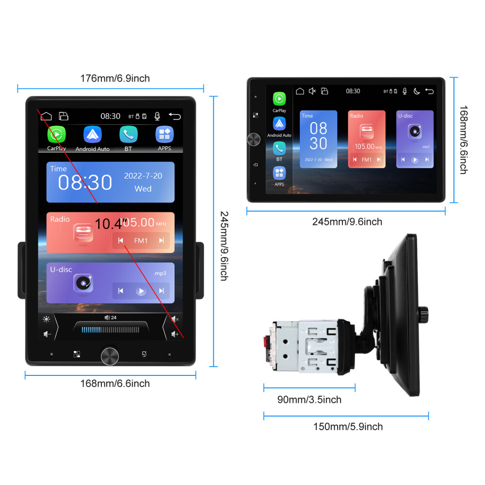 10.4" 1 DIN Car Stereo Radio Carplay Android Auto Vertical Screen GPS + Camera