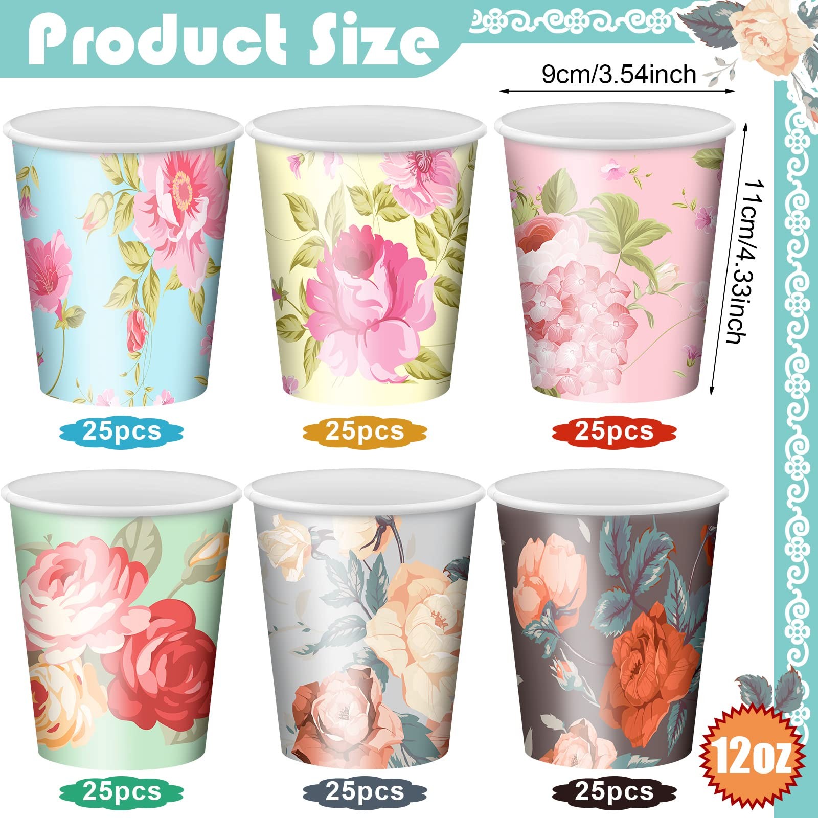 150 Pcs Floral Paper Cups 12 oz Vintage Flower Disposable Cups for Afternoon Tea