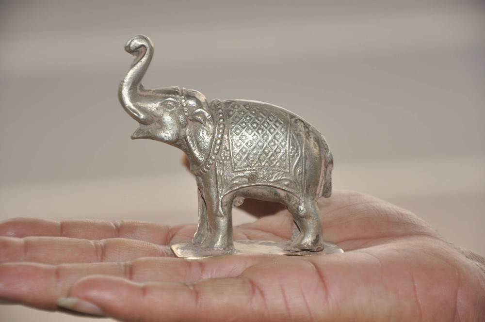 Vintage Inlay Engraved Elephant Solid Decorative Figurine , Nice Patina