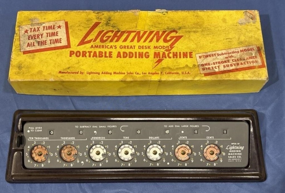 Antique / Vintage Lightning Adding Machine w/ Puarantee, Instructions, and Box