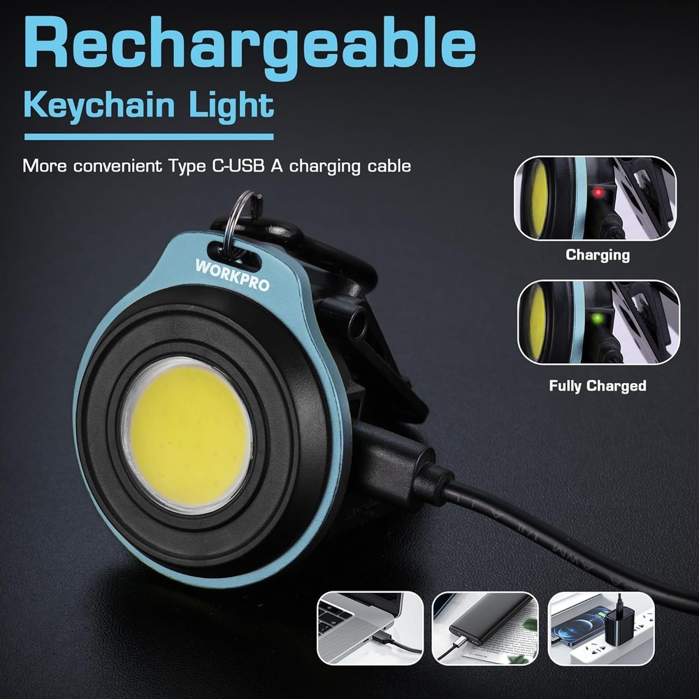 WORKPRO COB Keychain Light Rechargeable Magnetic Mini Flashlight with Hat Clip
