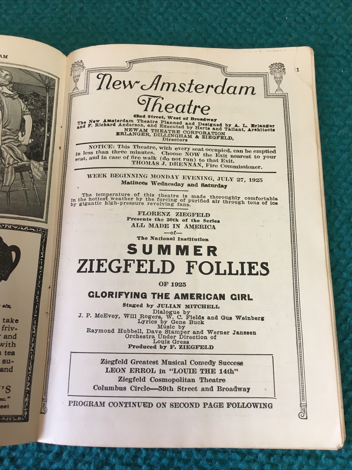 1925 Vintage : NEW AMSTERDAM THEATRE "Ziegfeld Follies" BROADWAY PLAYBILL
