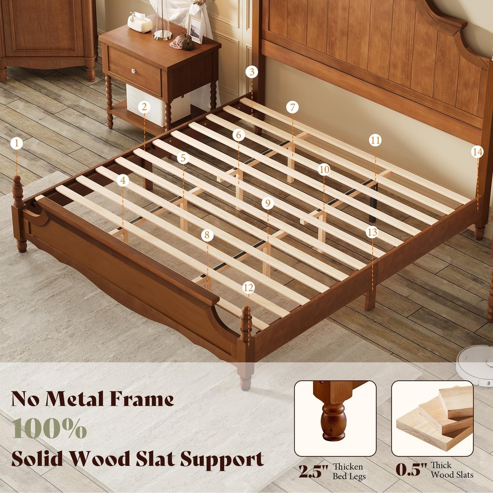 Solid Wood Queen Bed Frame with 56" Arched Headboard, Traditional Poste