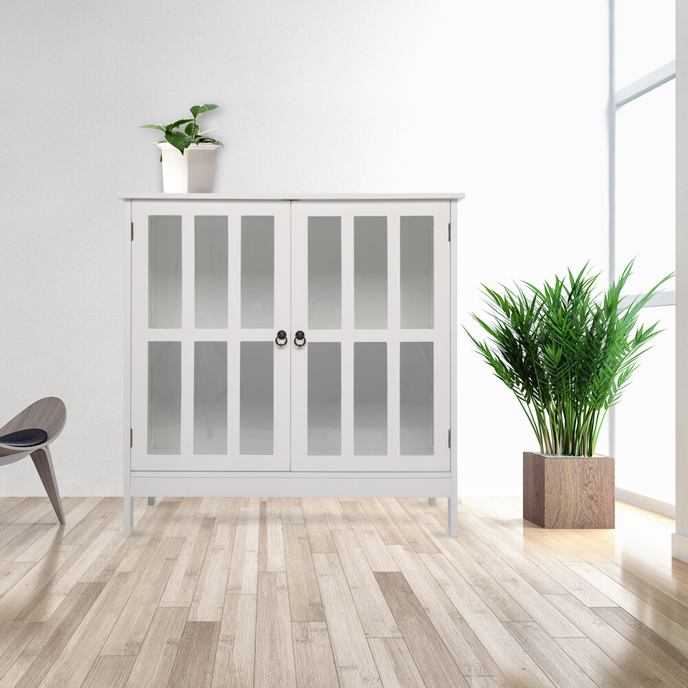 Buffet Cabinet Kitchen Sideboard Storage Transparent Double Door White Table