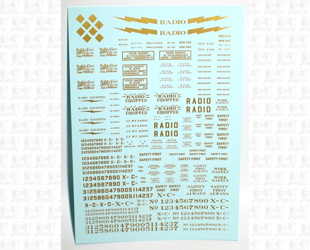K4 O Scale Decals Caboose Data and Markings Gold