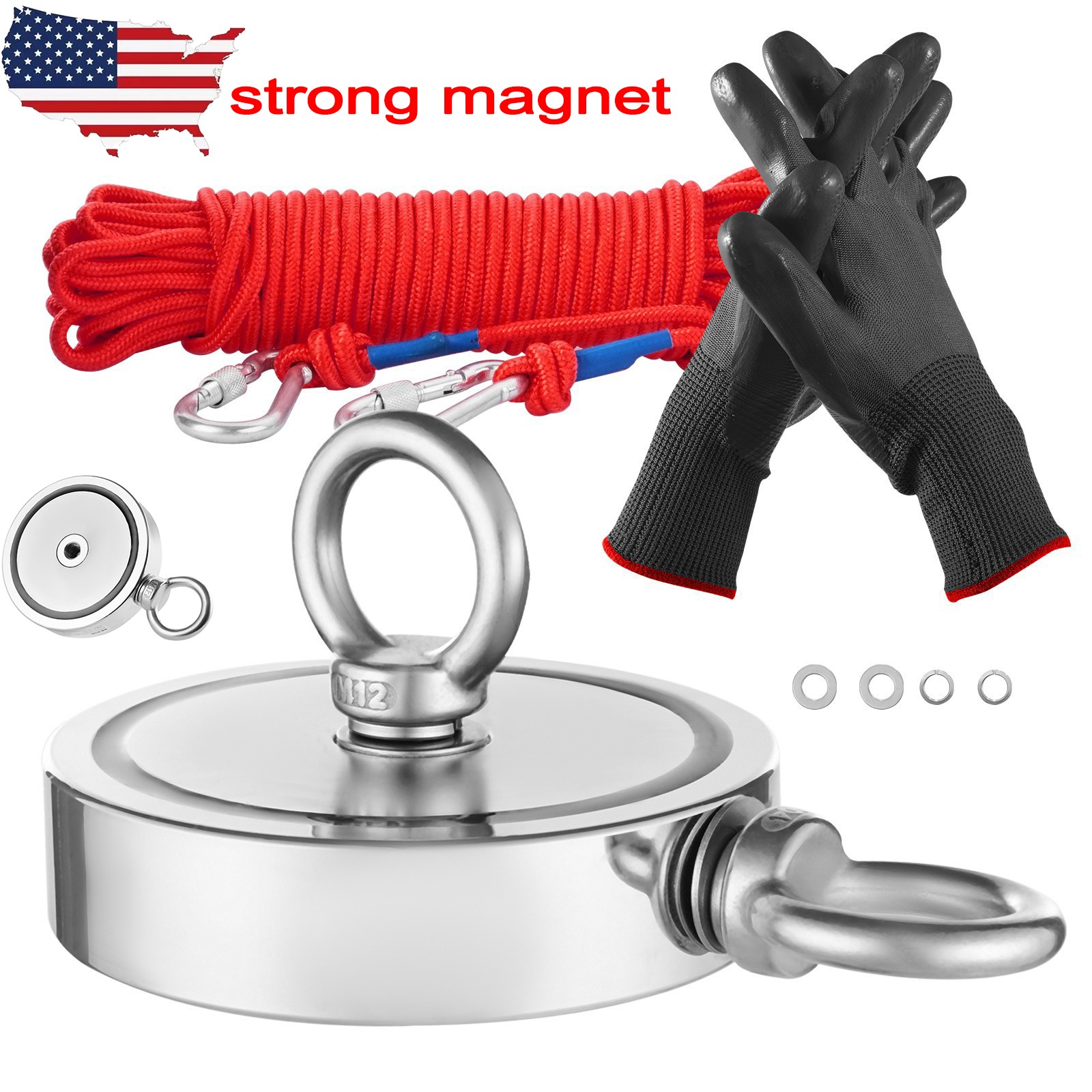 2000 LBS Strong Fishing Magnet Kit Double Sided Pull Force and Rope Carabiner