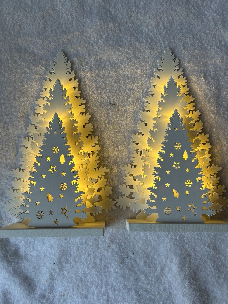 Two 3-D Lighted White Christmas Trees