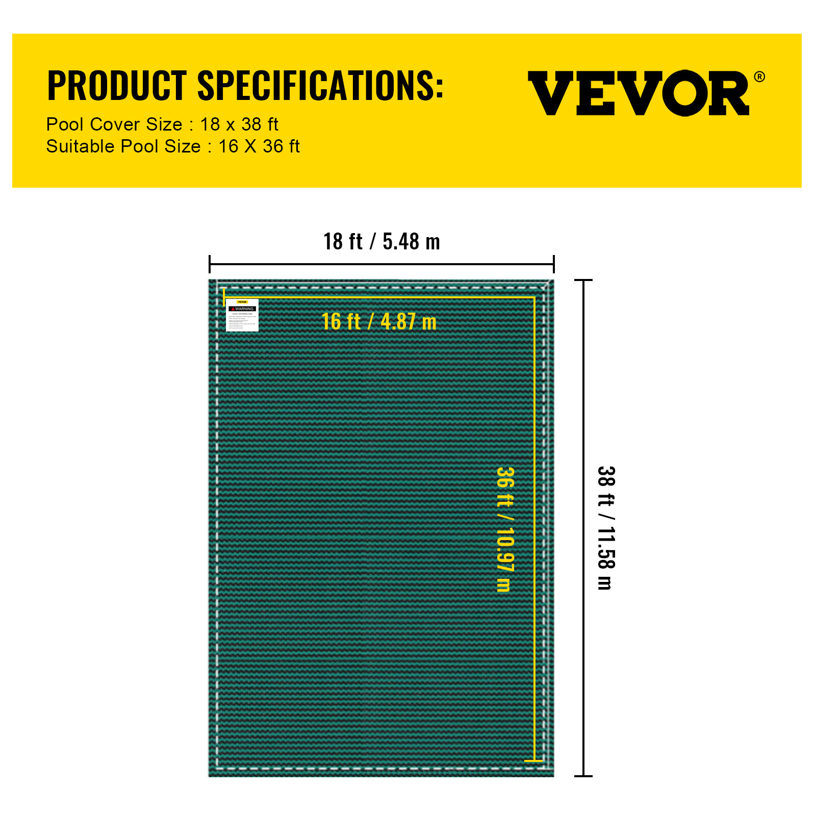 VEVOR Pool Safety Cover Inground Pool Cover 18x38ft, Rectangle Safety Pool Cover