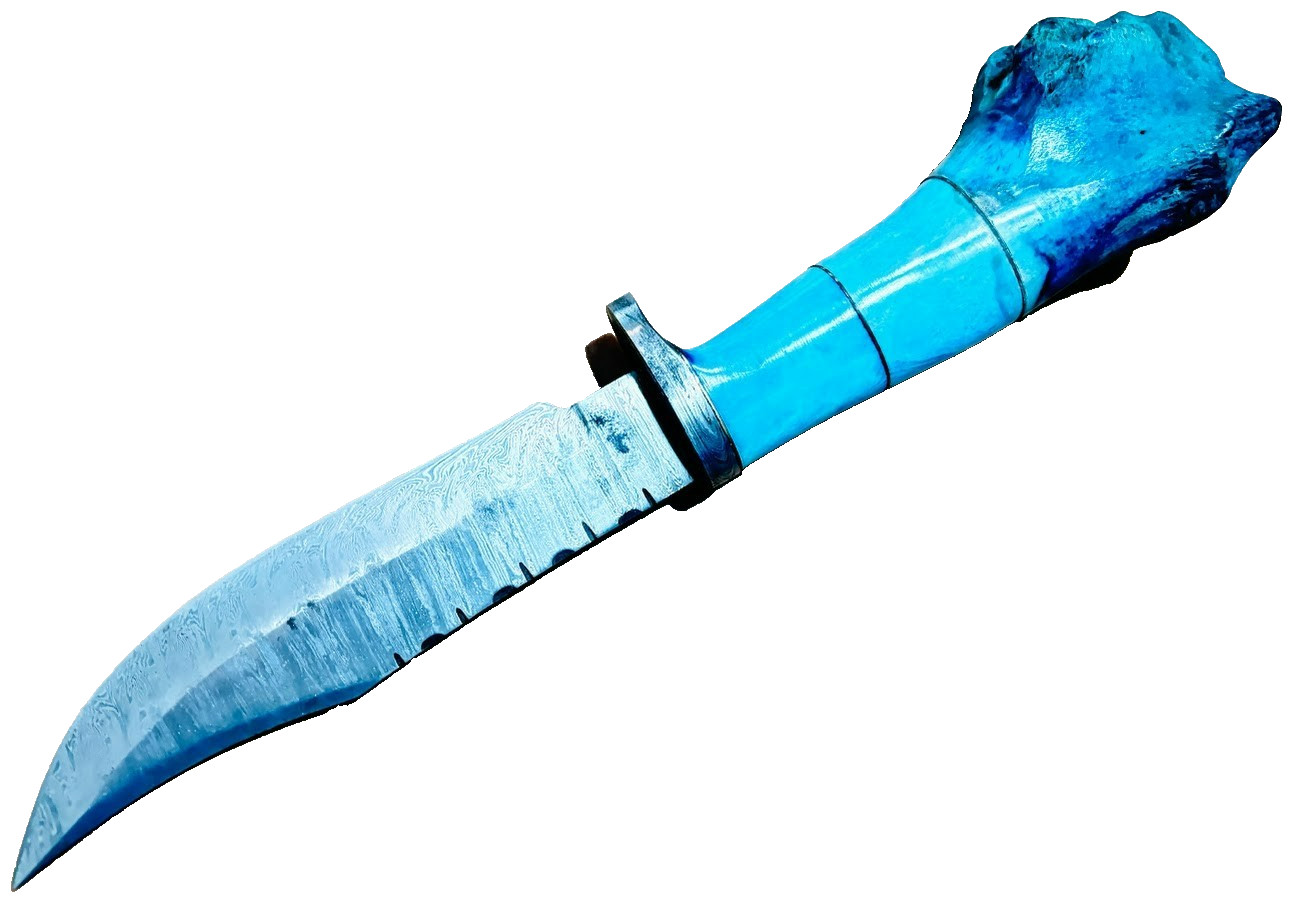 Blue Stag Bone Handle Damascus Fixed Blade Knife, Custom Made