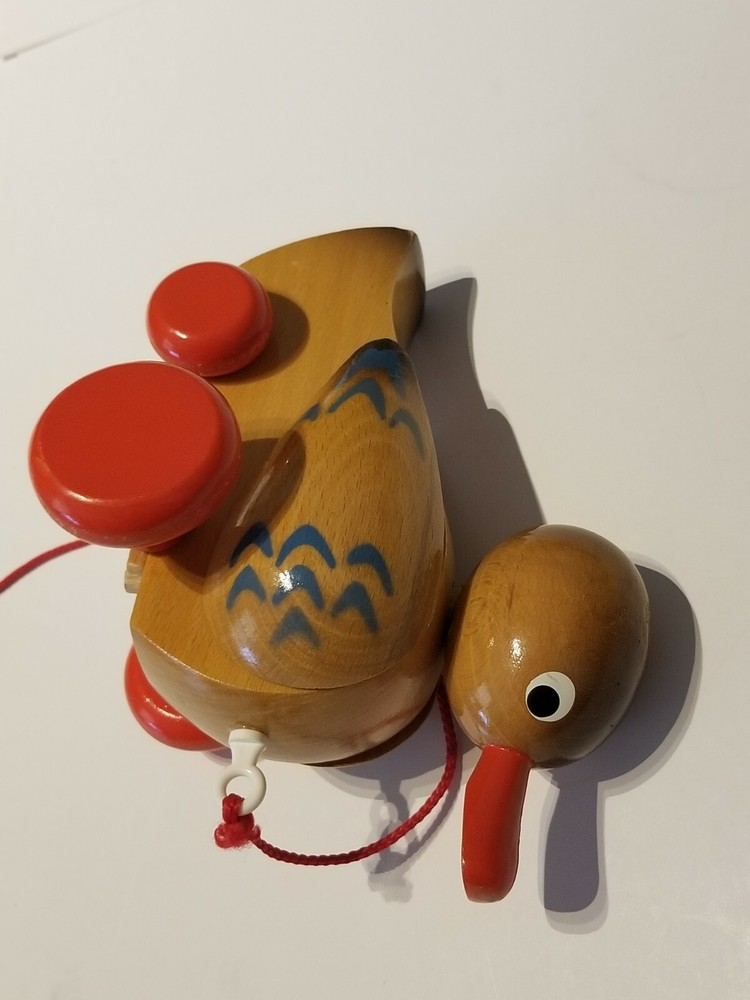 Vintage Wobbly Solid Wooden Animated Duck Pull Along String By Simba Rare!