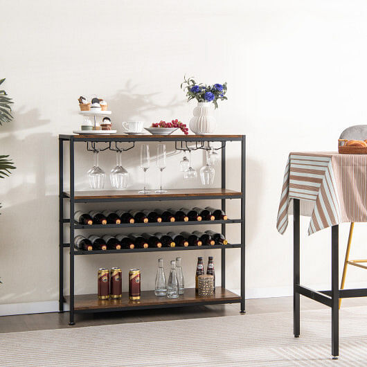 5-tier Wine Rack Table with Glasses Holder - Color: Rustic Brown