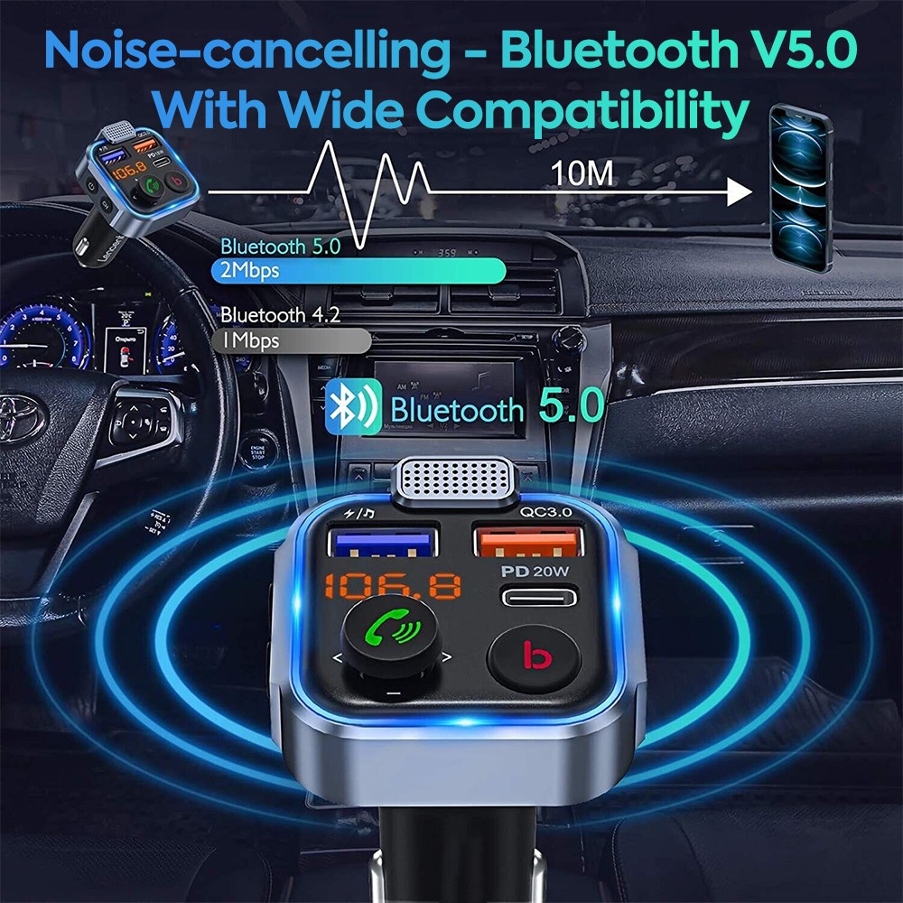 Bluetooth 5.0 Car Wireless FM Transmitter Adapter QC3.0 USB PD Charger Handsfree