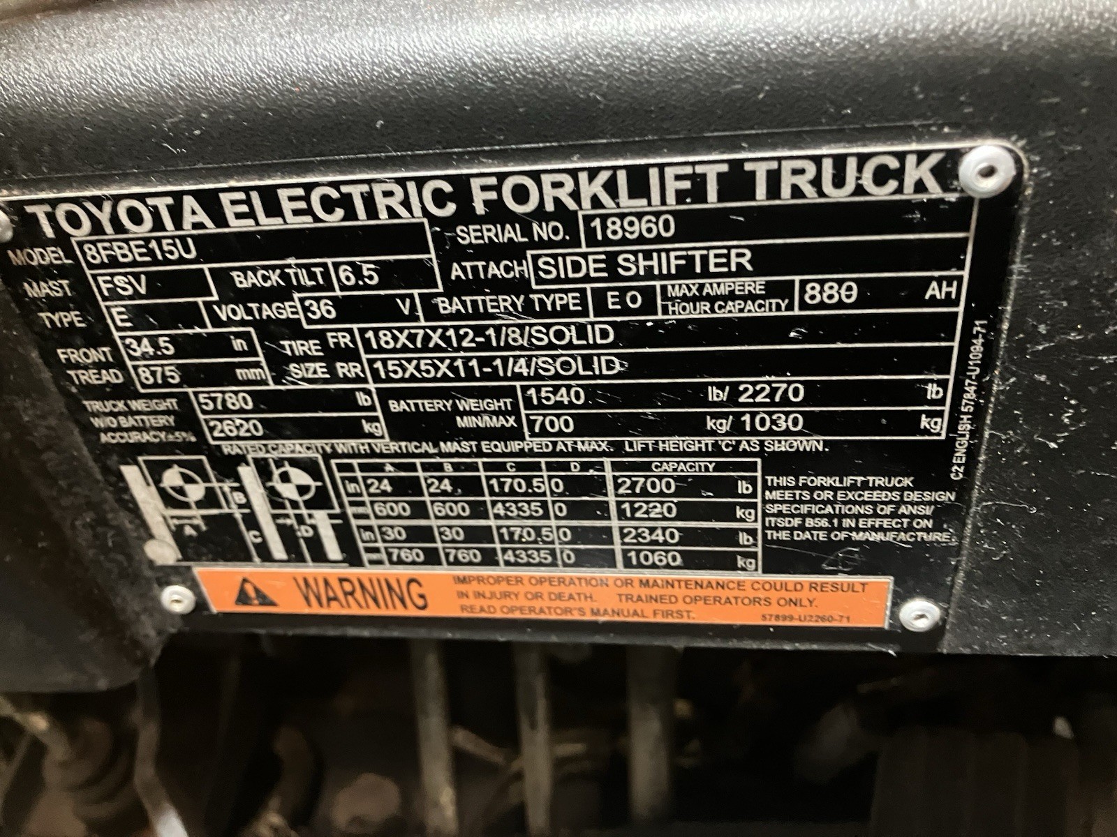 2020 Toyota 3000 LB Forklift With Side Shift and Triple Mast