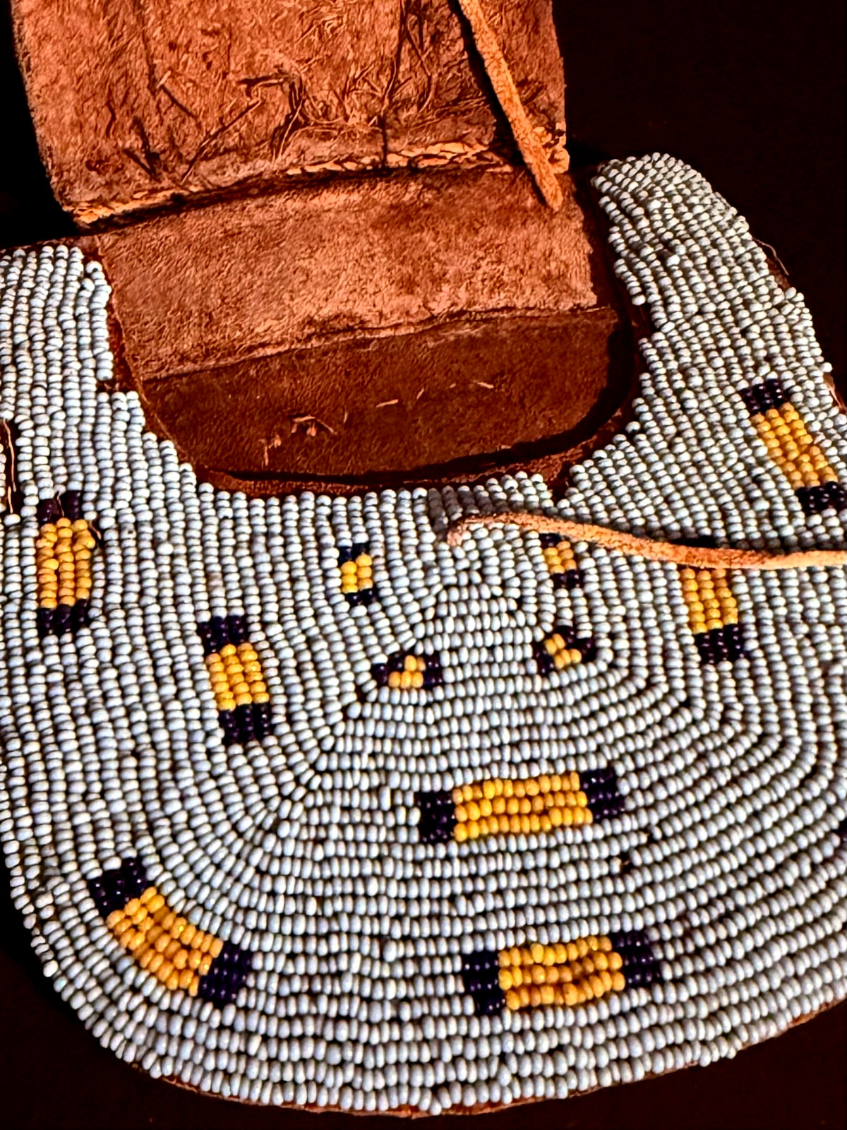 HISTORIC PLAINS BEADED HIDE POUCH,TURQUOISE BLUE GLASS BEAD BACKGROUND,EXCELLENT