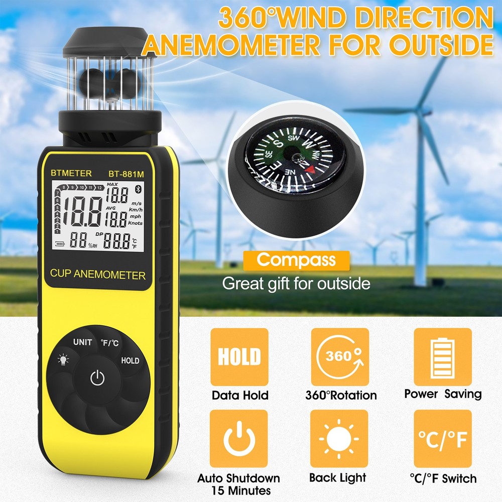Handheld Anemometer Wind Speed Temp Meter Max Avg Current Backlight 0.7-42m/s US