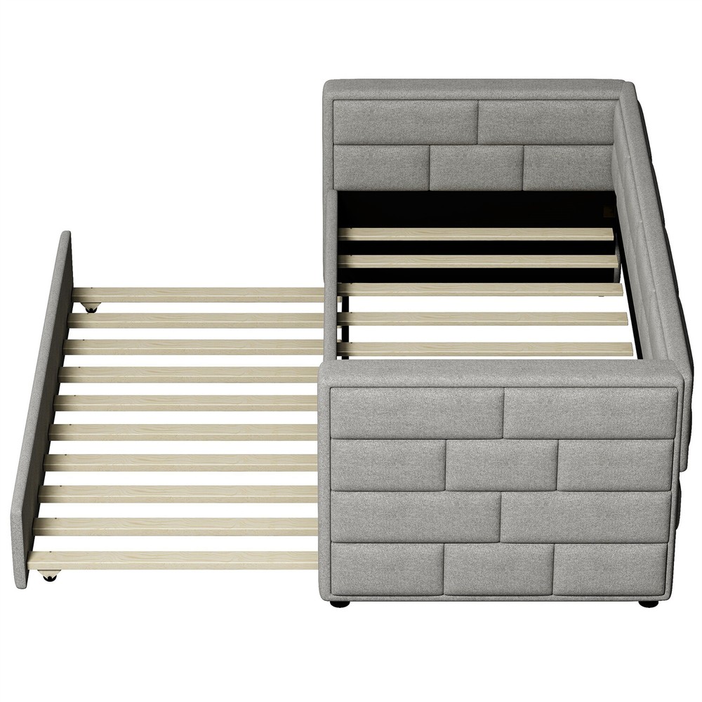 Twin Size Daybed w/ Pull Out Trundle Bed Upholstered Bed Frame Sofa Bed Gray US