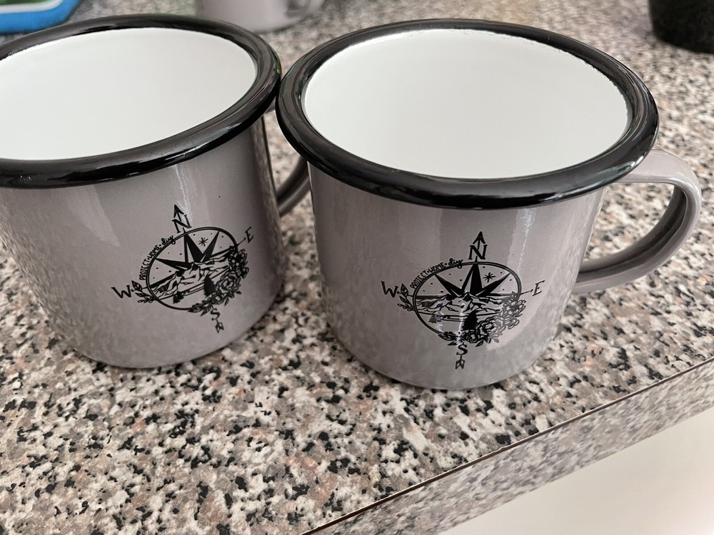 Set Of 2 Gray Compass Enamelware Cups