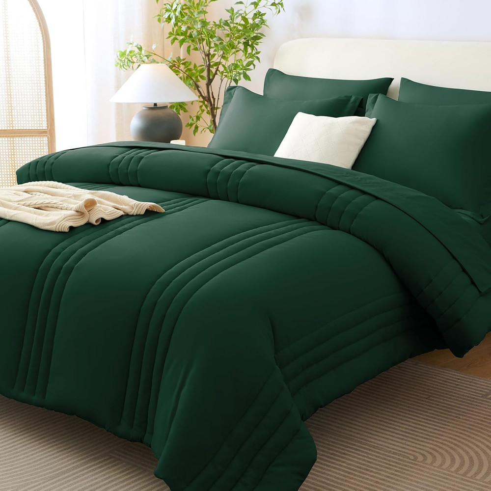 King Size Comforter Sets - 7 Piece Bed in a Bag Emerald Green Comforter Set with