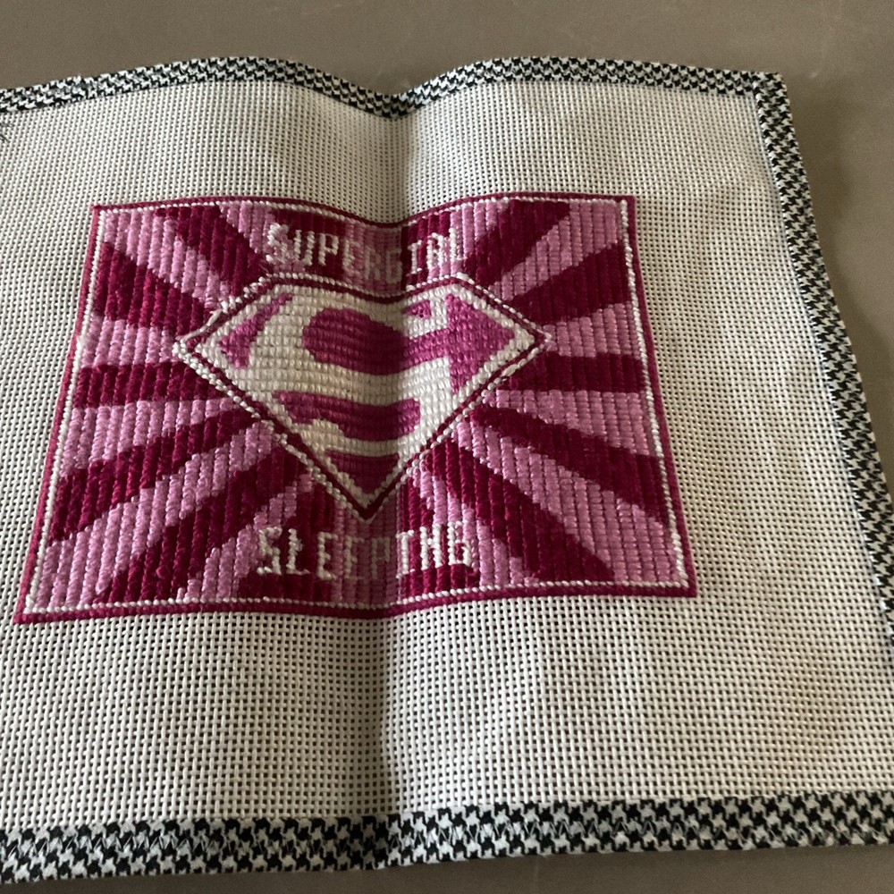COMPLETED NEEDLEPOINT SUPERGIRL SLEEPING  CANVAS DONE BY ME BEAUTIFUL!
