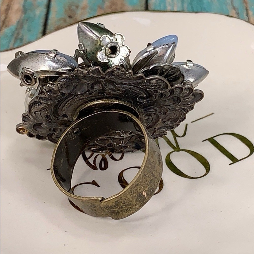 Adorned Crown artisan assemblage moonstone rhinestone cocktail ring