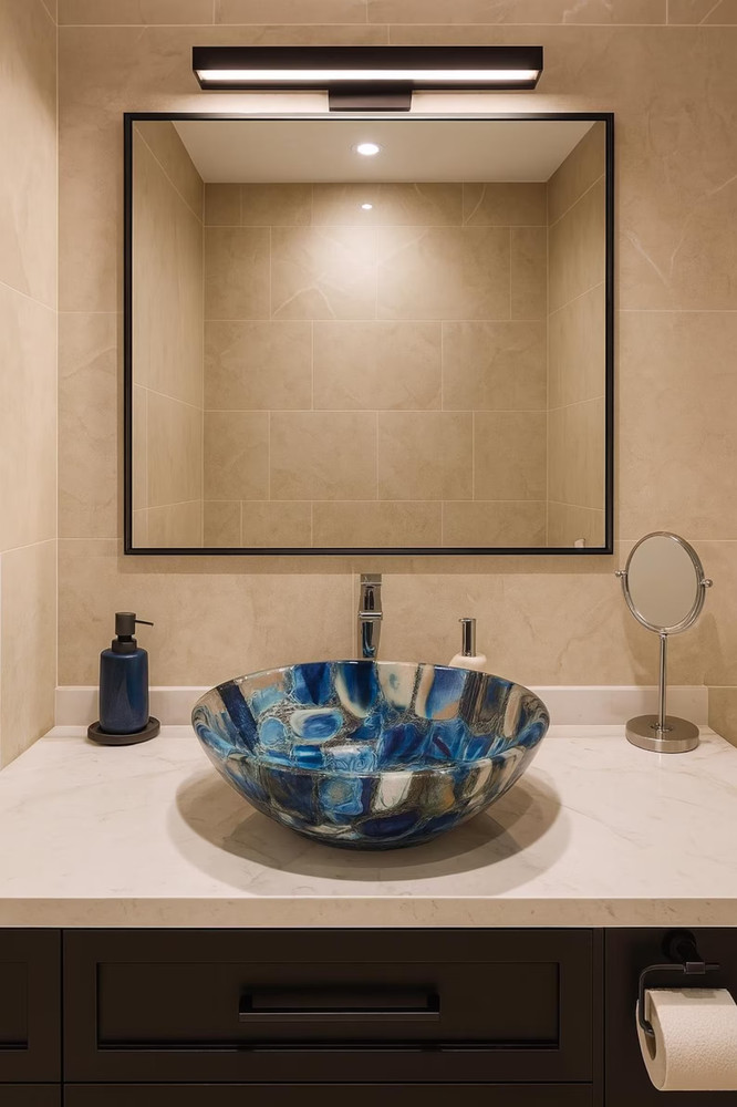 Blue Agate Stone Vessel Sink | Handcrafted Gemstone Bathroom Basin