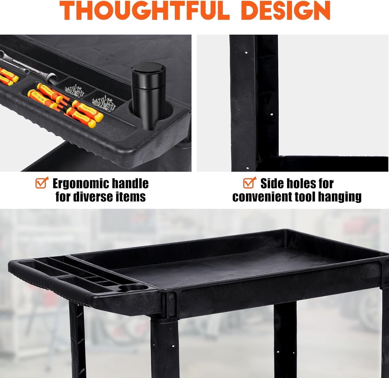 Utility Service Cart Plastic Rolling Cart 2 Shelf 550LBS with 360° Swivel Wheels
