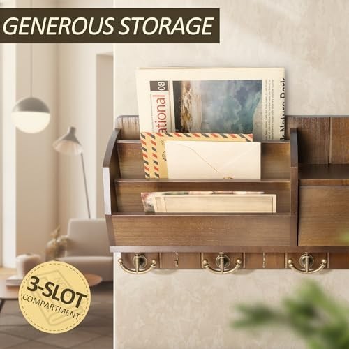 Wall Mount Key Holder with Mail Sorter - Rustic Organizer with Hooks & Drawer