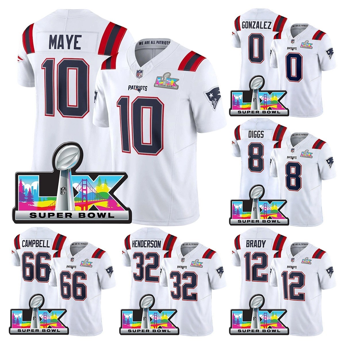 NWT Men's Patriots White 2026 Super Bowl LX Patch  Stitched Jersey