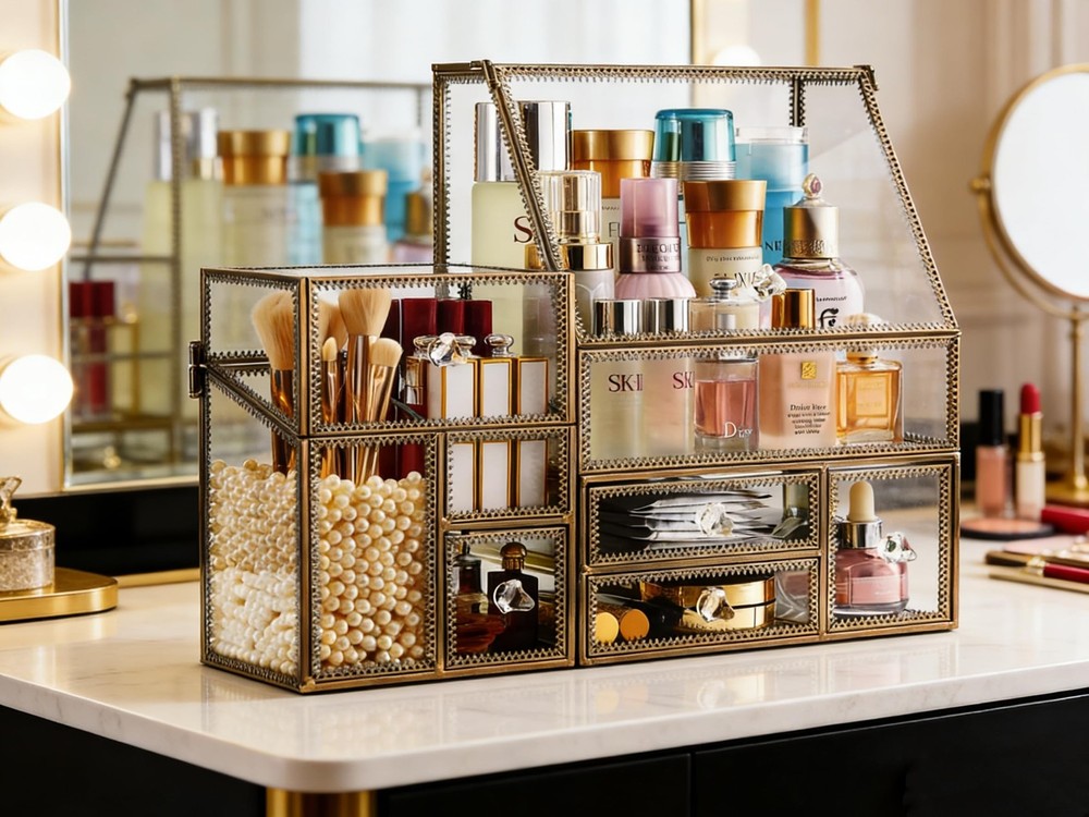 Hersoo Glass Antique Brass Stackable Drawer Set Makeup Organizer for Vanity A...