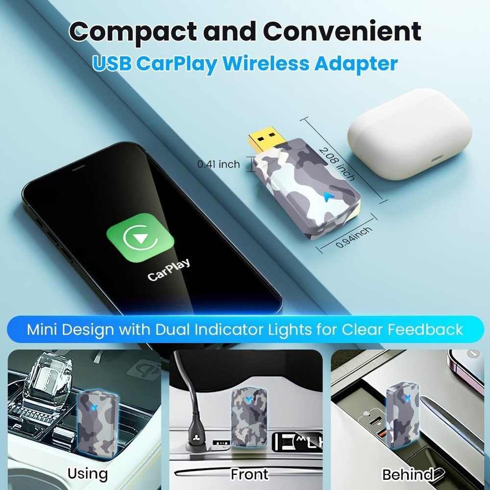 2 in 1 Mini Android Auto & Carplay Wireless Adapter with Fast Stable Connection,