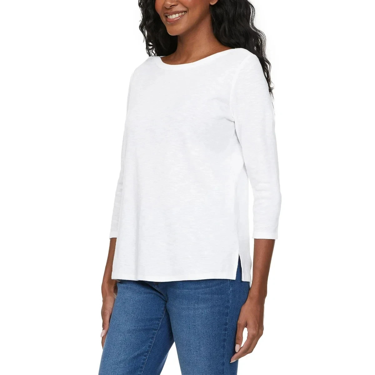 Kirkland Signature Women's 3/4 Sleeve Boatneck Slub Tee, White, Size L