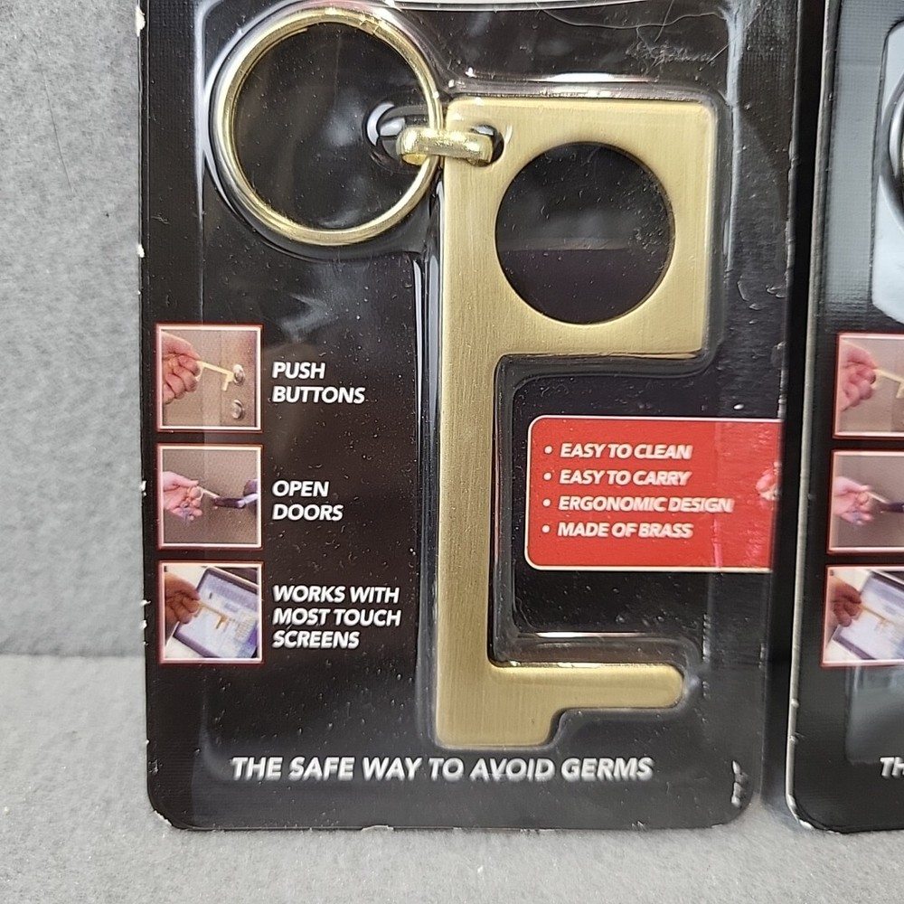 2 Touch Free Tool spa room key Chain (brass) Push Buttons Germ Avoidance New